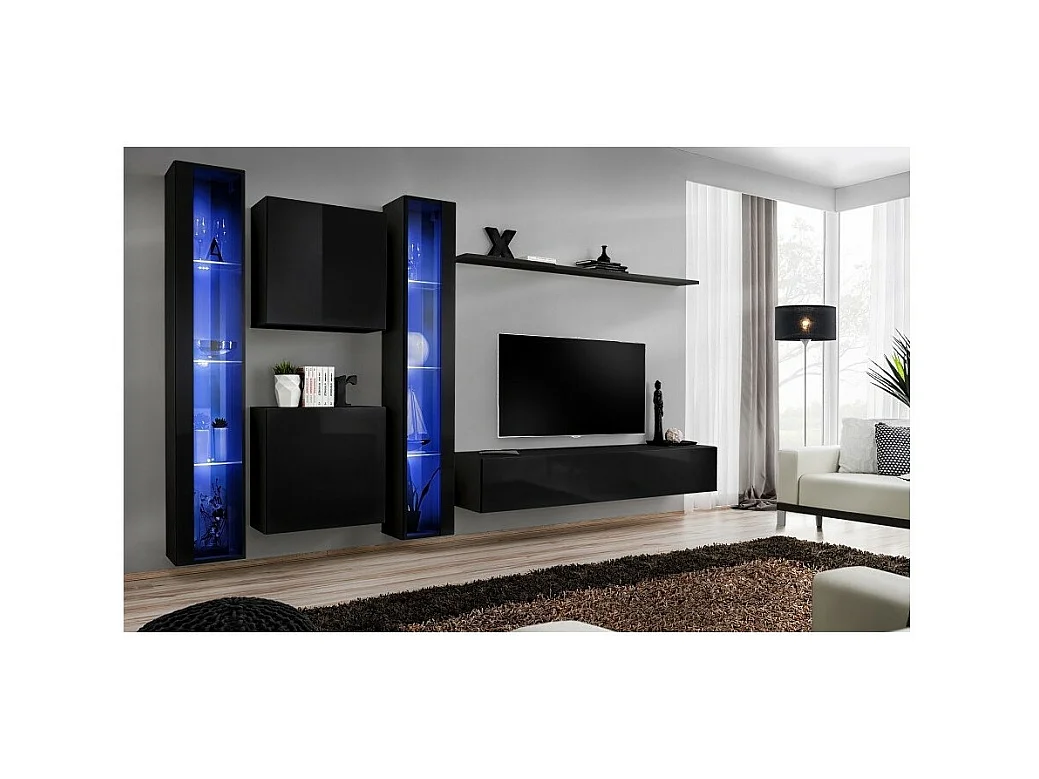 Wohnzimmer-Wandmöbelset SWITCH XVI im Design, glänzend schwarz.