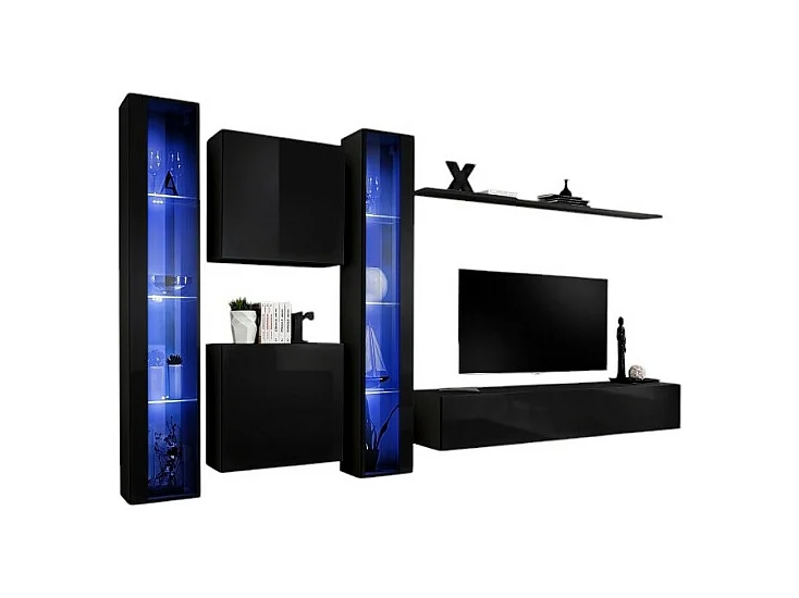 Ensemble meuble salon mural SWITCH XVI design, coloris noir brillant.