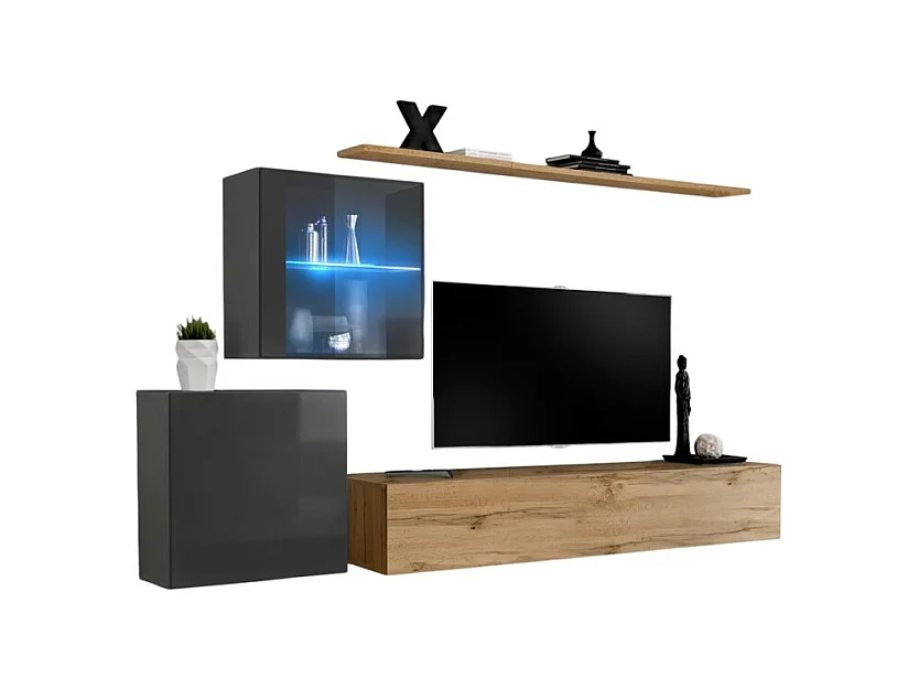 Conjunto de móveis de parede para sala de estar SWITCH XV design, nas cores carvalho Wotan e cinza brilhante.