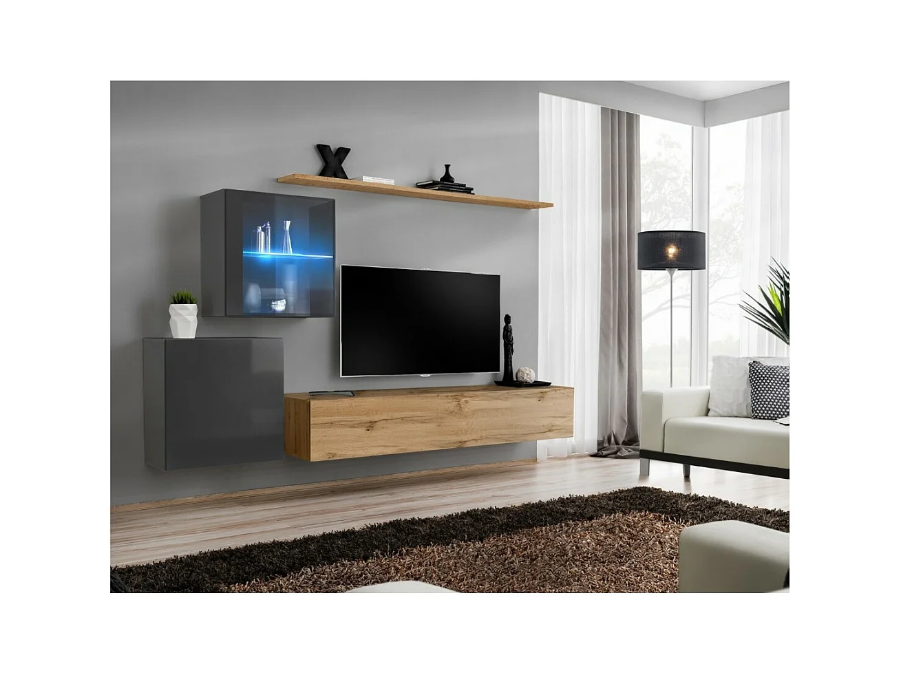 Conjunto de móveis de parede para sala de estar SWITCH XV design, nas cores carvalho Wotan e cinza brilhante.