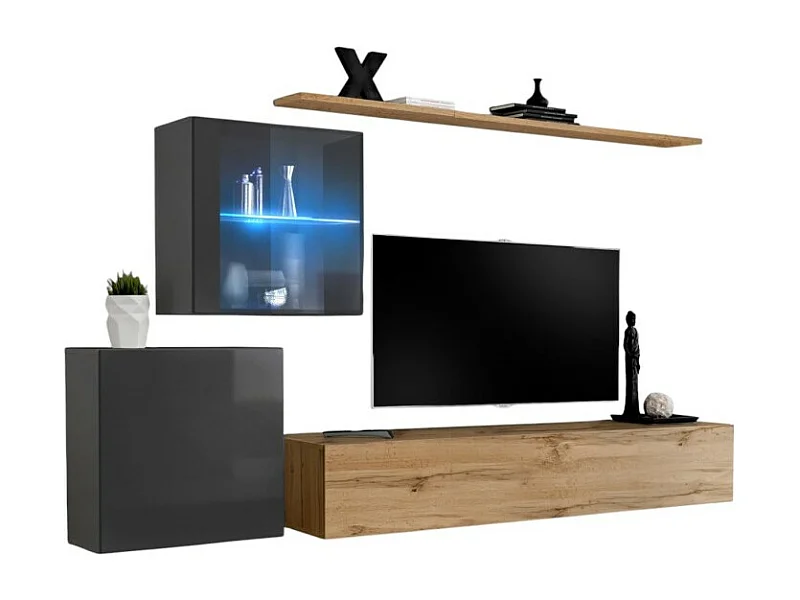 Wandmeubelset voor de woonkamer SWITCH XV design, in Wotan eiken en glanzend grijs.