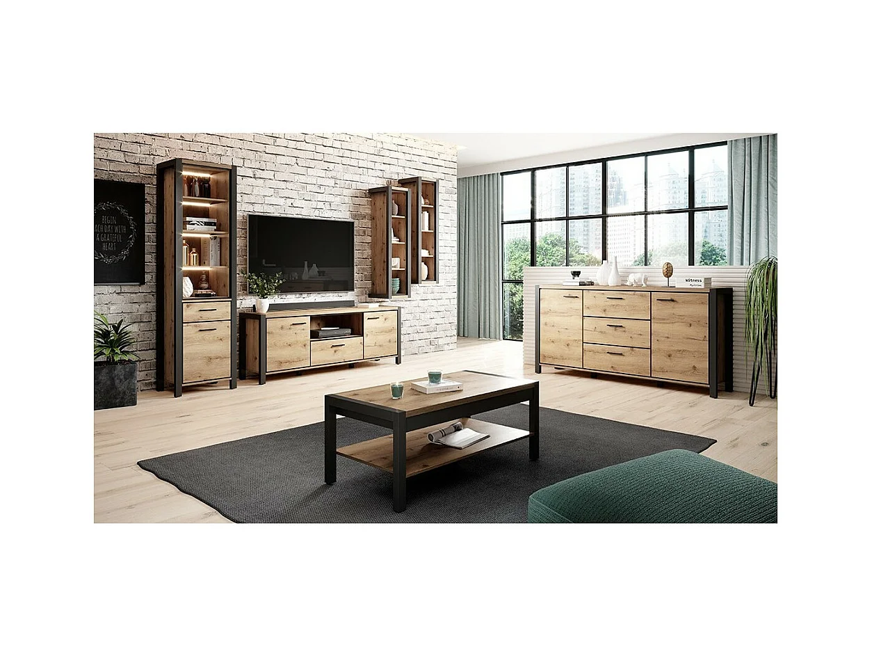 Set aus 6 Möbeln für das Wohnzimmer, Kollektion TIVORA. Farbe Eiche und Schwarz.