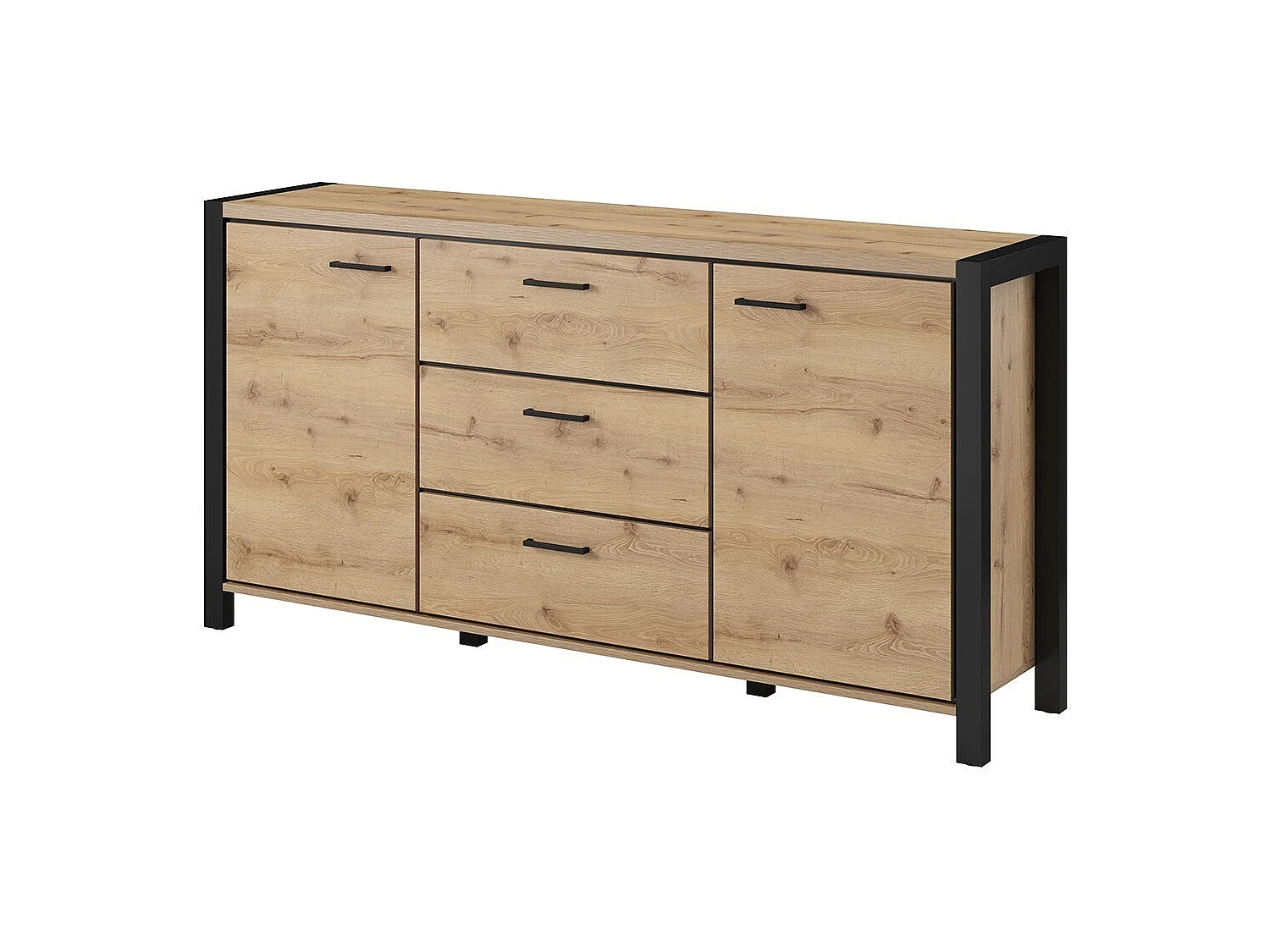 Set aus 6 Möbeln für das Wohnzimmer, Kollektion TIVORA. Farbe Eiche und Schwarz.