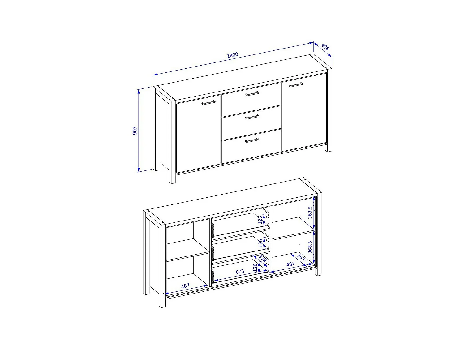 Set aus 6 Möbeln für das Wohnzimmer, Kollektion TIVORA. Farbe Eiche und Schwarz.