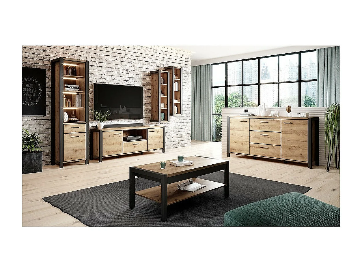 Ensemble de 6 meubles de salon collection TIVORA. Couleur chêne et noir.