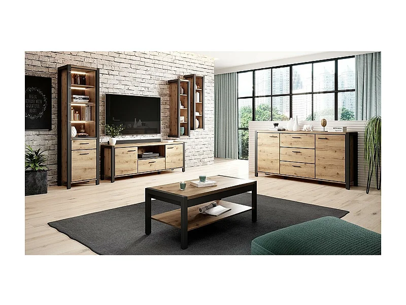 Ensemble de 6 meubles de salon collection TIVORA. Couleur chêne et noir.