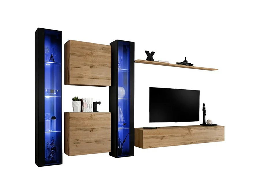 Ensemble meuble salon mural SWITCH XVI design, coloris chêne Wotan et noir brillant.
