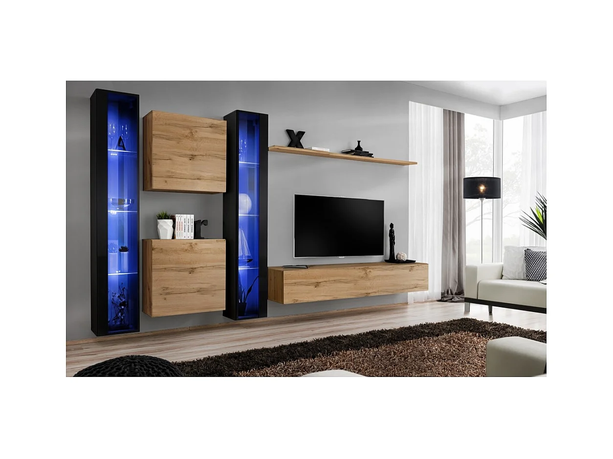 Ensemble meuble salon mural SWITCH XVI design, coloris chêne Wotan et noir brillant.