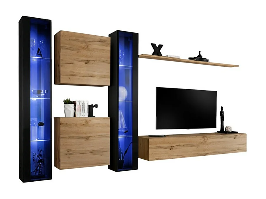 Ensemble meuble salon mural SWITCH XVI design, coloris chêne Wotan et noir brillant.