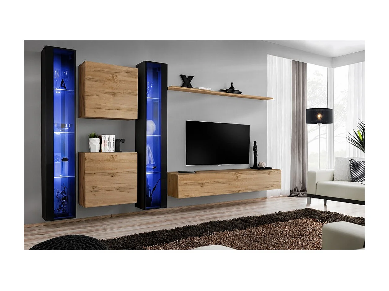 Ensemble meuble salon mural SWITCH XVI design, coloris chêne Wotan et noir brillant.