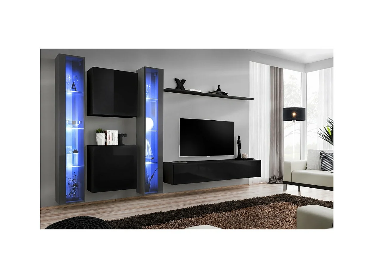 Wandmeubelset voor de woonkamer SWITCH XVI design, in glanzend zwart en grijs.
