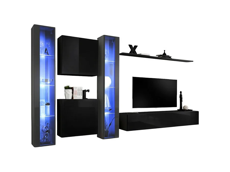 Ensemble meuble salon mural SWITCH XVI design, coloris noir et gris brillant.