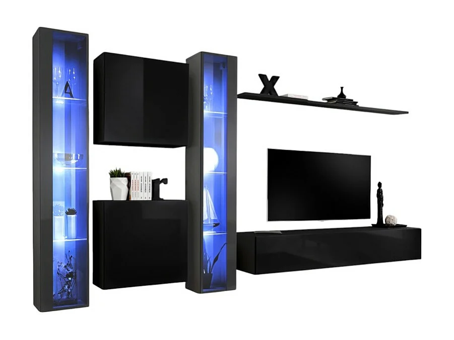 Ensemble meuble salon mural SWITCH XVI design, coloris noir et gris brillant.