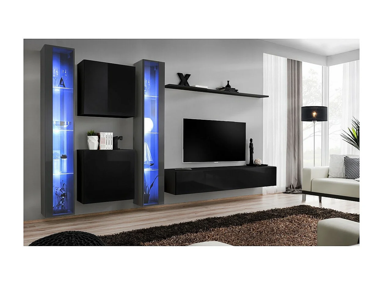 Ensemble meuble salon mural SWITCH XVI design, coloris noir et gris brillant.