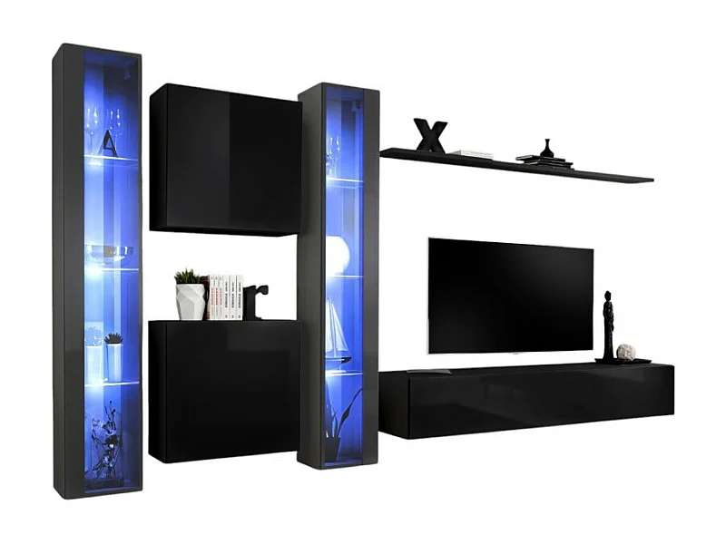 Ensemble meuble salon mural SWITCH XVI design, coloris noir et gris brillant.