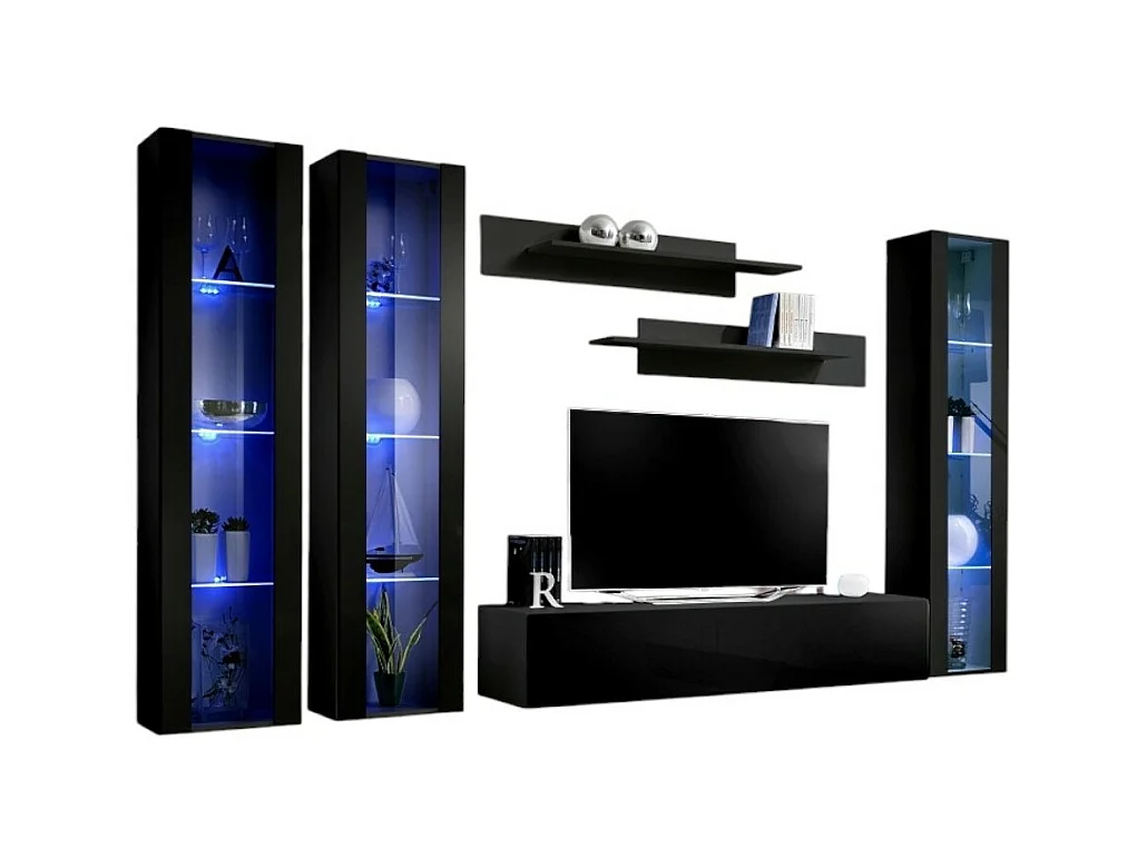 Meuble TV FLY C2 design, coloris noir brillant. Meuble suspendu moderne et tendance pour votre salon.