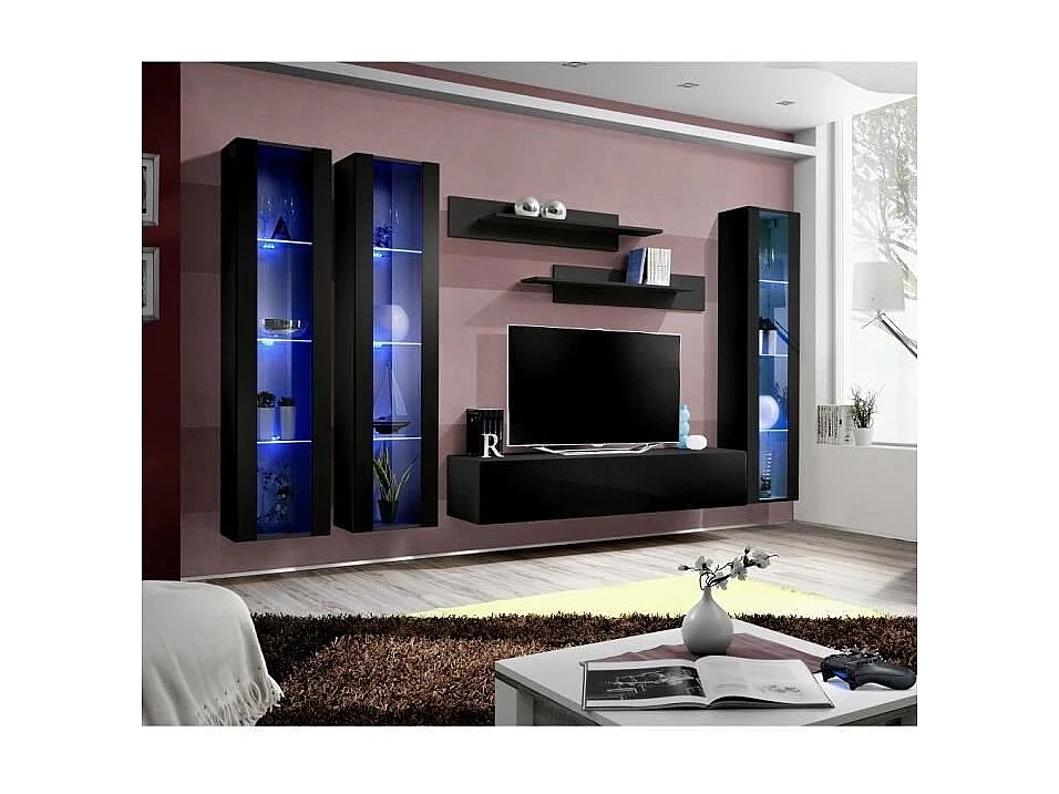 Meuble TV FLY C2 design, coloris noir brillant. Meuble suspendu moderne et tendance pour votre salon.