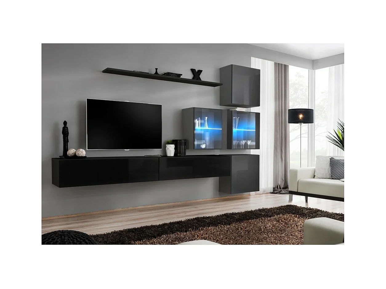 Wohnzimmermöbel-Set SWITCH XIX Design, in glänzendem Schwarz und Grau.