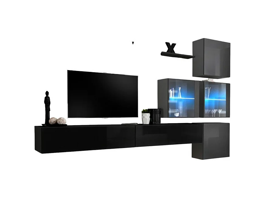 Ensemble meubles de salon SWITCH XIX design, coloris noir et gris brillant.