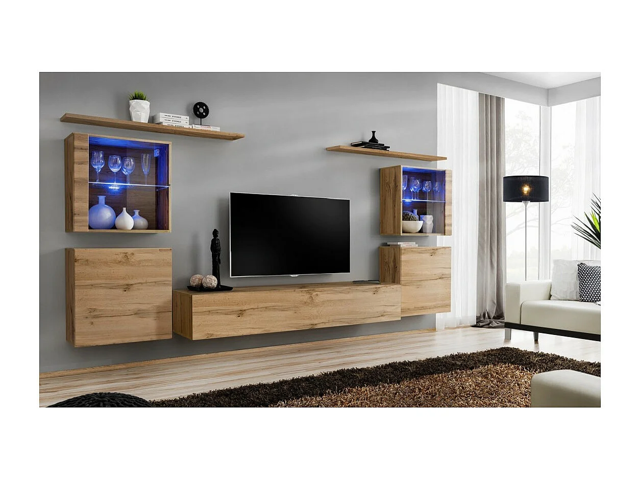 Ensemble meuble salon mural SWITCH XIV design, coloris chêne Wotan.