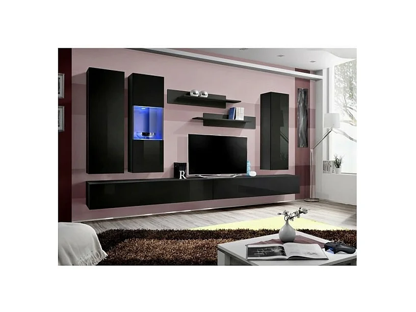 TV-Möbel FLY E5 Design, in glänzendem Schwarz. Modernes und trendiges Hängemöbel für Ihr Wohnzimmer.