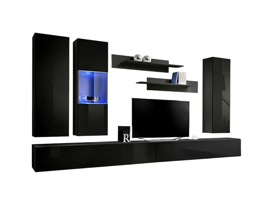 Meuble TV FLY E5 design, coloris noir brillant. Meuble suspendu moderne et tendance pour votre salon.