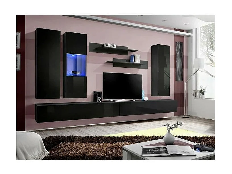 Meuble TV FLY E5 design, coloris noir brillant. Meuble suspendu moderne et tendance pour votre salon.