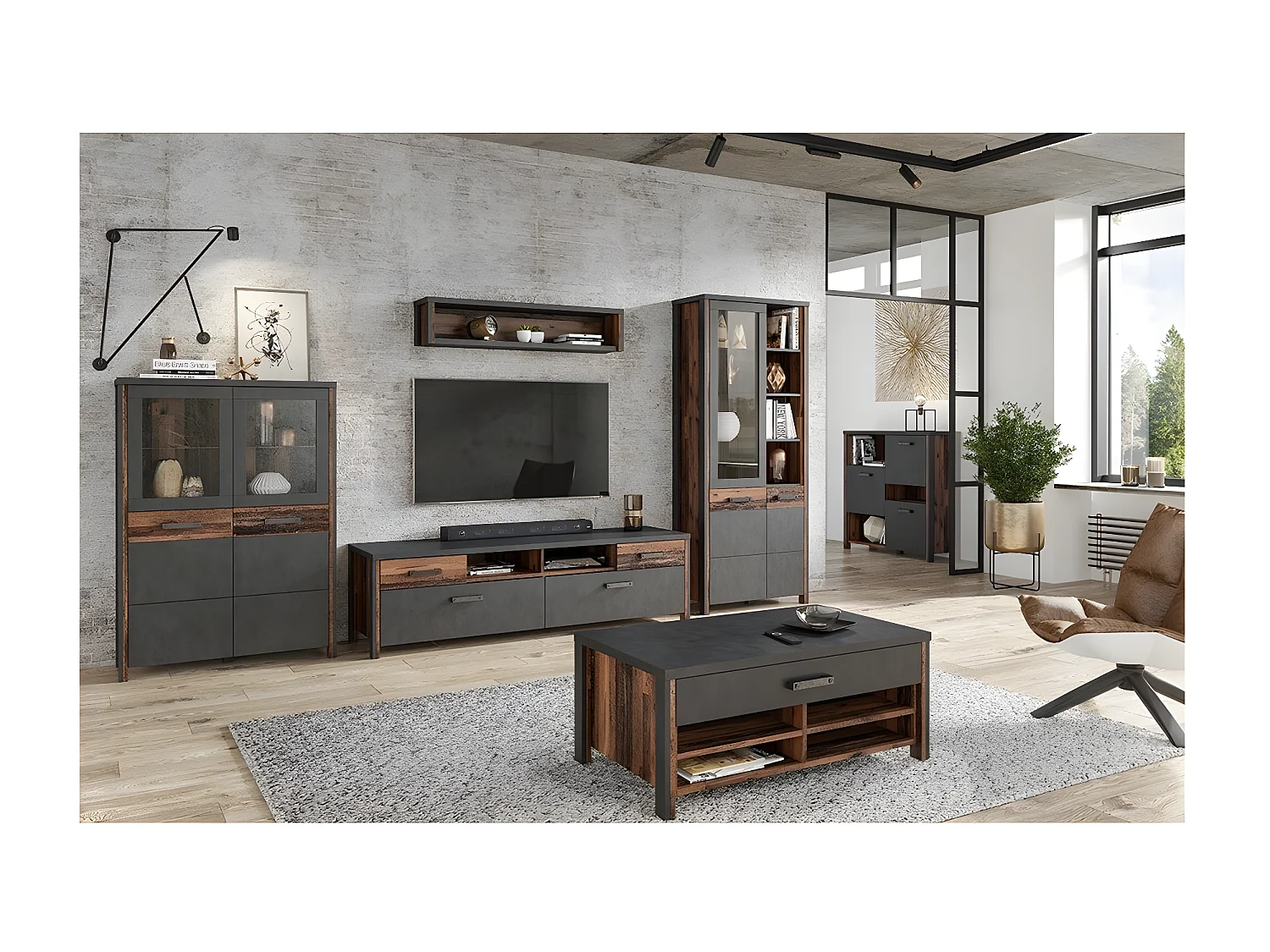 Ensemble 5 meubles de salon collection WINDSOR. Coloris gris anthracite et chêne foncé.