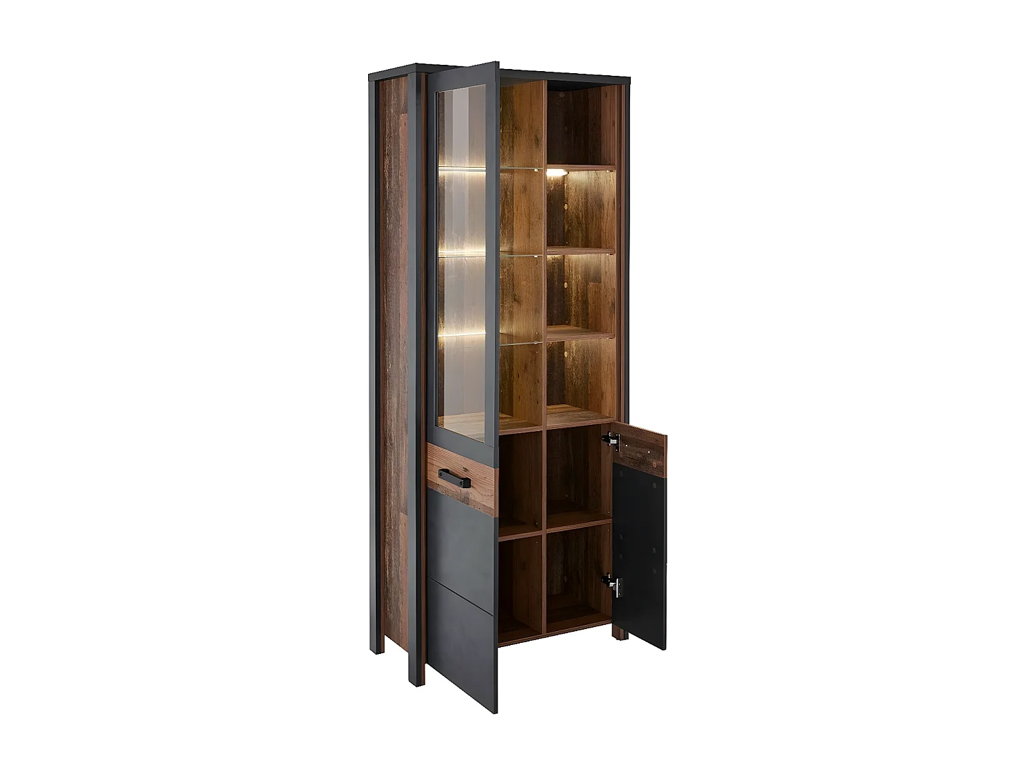 Ensemble 5 meubles de salon collection WINDSOR. Coloris gris anthracite et chêne foncé.