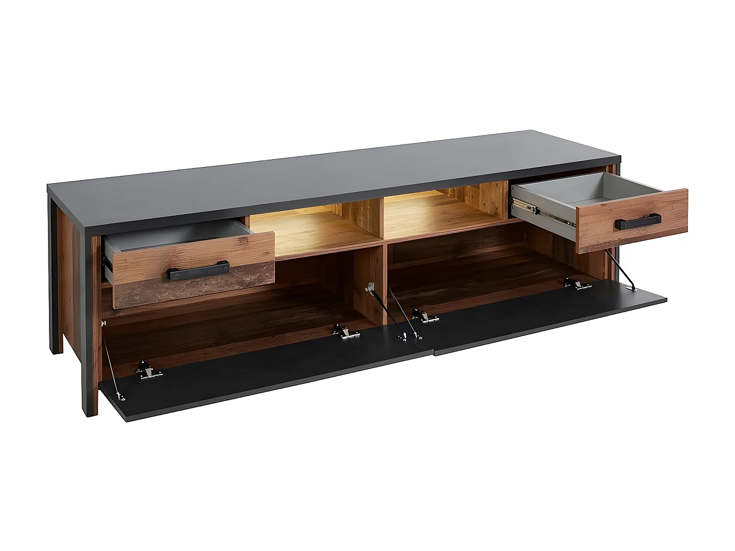 Ensemble 5 meubles de salon collection WINDSOR. Coloris gris anthracite et chêne foncé.