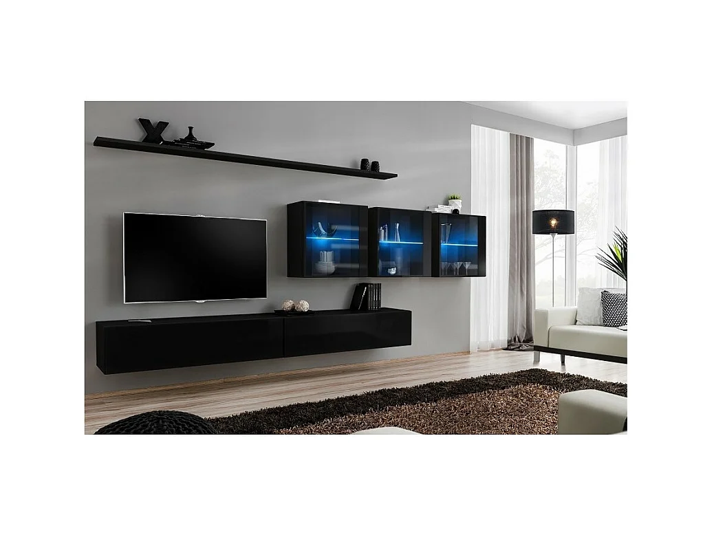 Wohnzimmerwandmöbel Set SWITCH XVII Design, in glänzendem Schwarz.