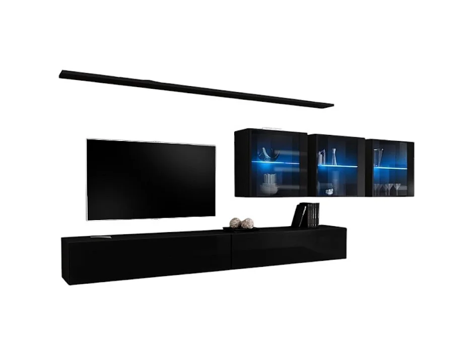 Ensemble meuble salon mural SWITCH XVII design, coloris noir brillant.