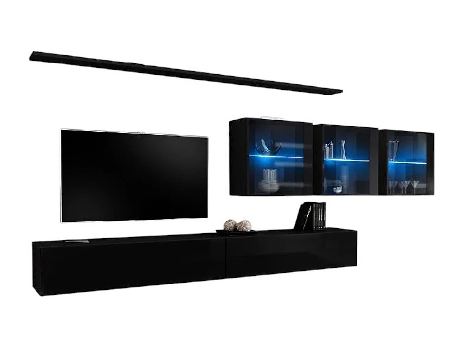 Ensemble meuble salon mural SWITCH XVII design, coloris noir brillant.