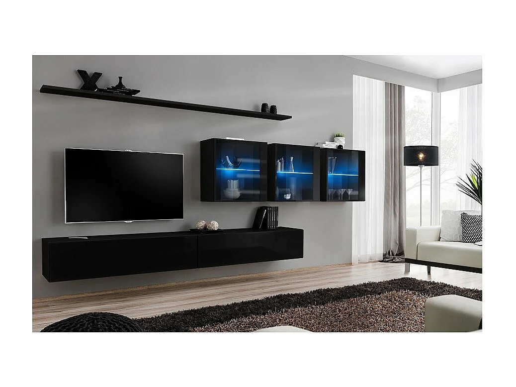 Ensemble meuble salon mural SWITCH XVII design, coloris noir brillant.