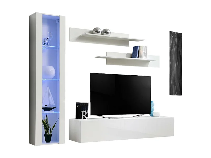 Mobile TV FLY G2 design, colore bianco lucido. Mobile sospeso moderno e alla moda per il tuo soggiorno.