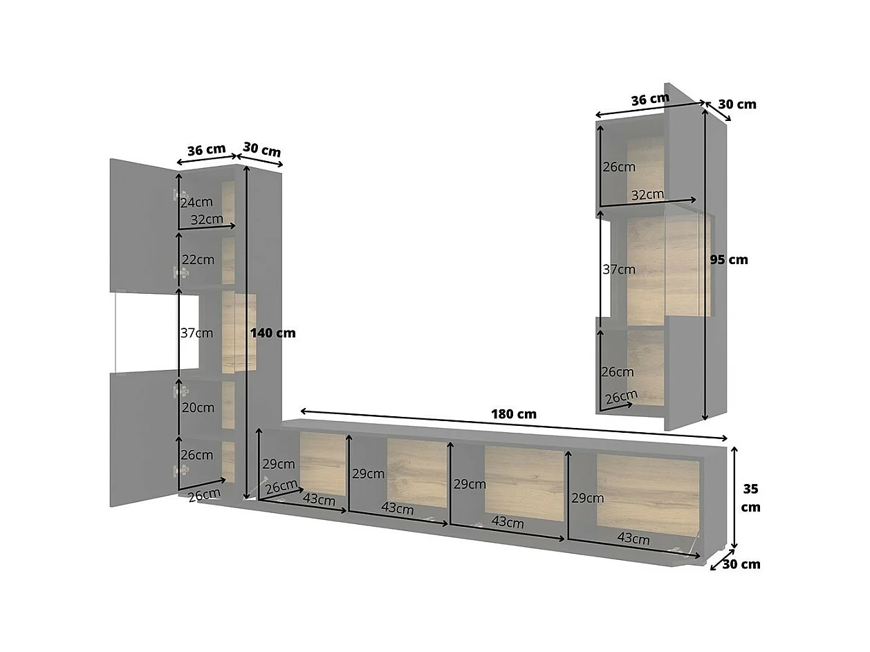 Conjunto de 3 móveis para sala de estar da coleção EVA. Cor preta e carvalho.