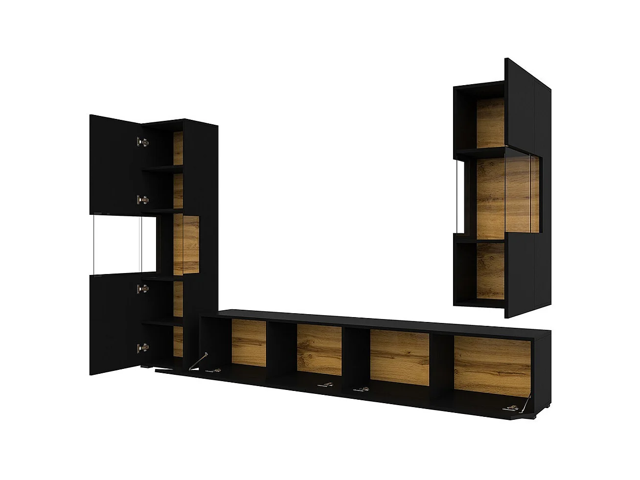 Conjunto de 3 móveis para sala de estar da coleção EVA. Cor preta e carvalho.