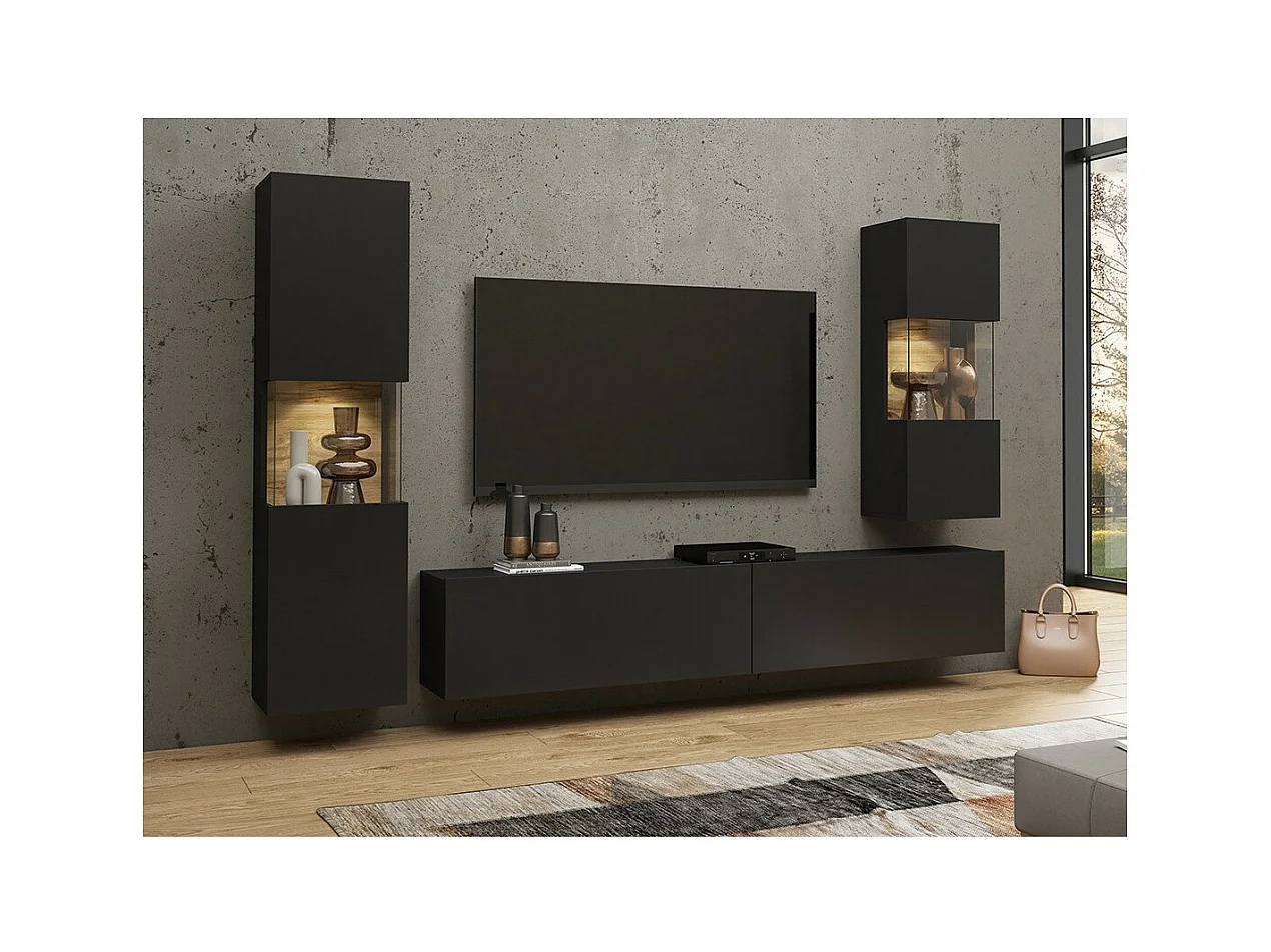 Conjunto de 3 móveis para sala de estar da coleção EVA. Cor preta e carvalho.