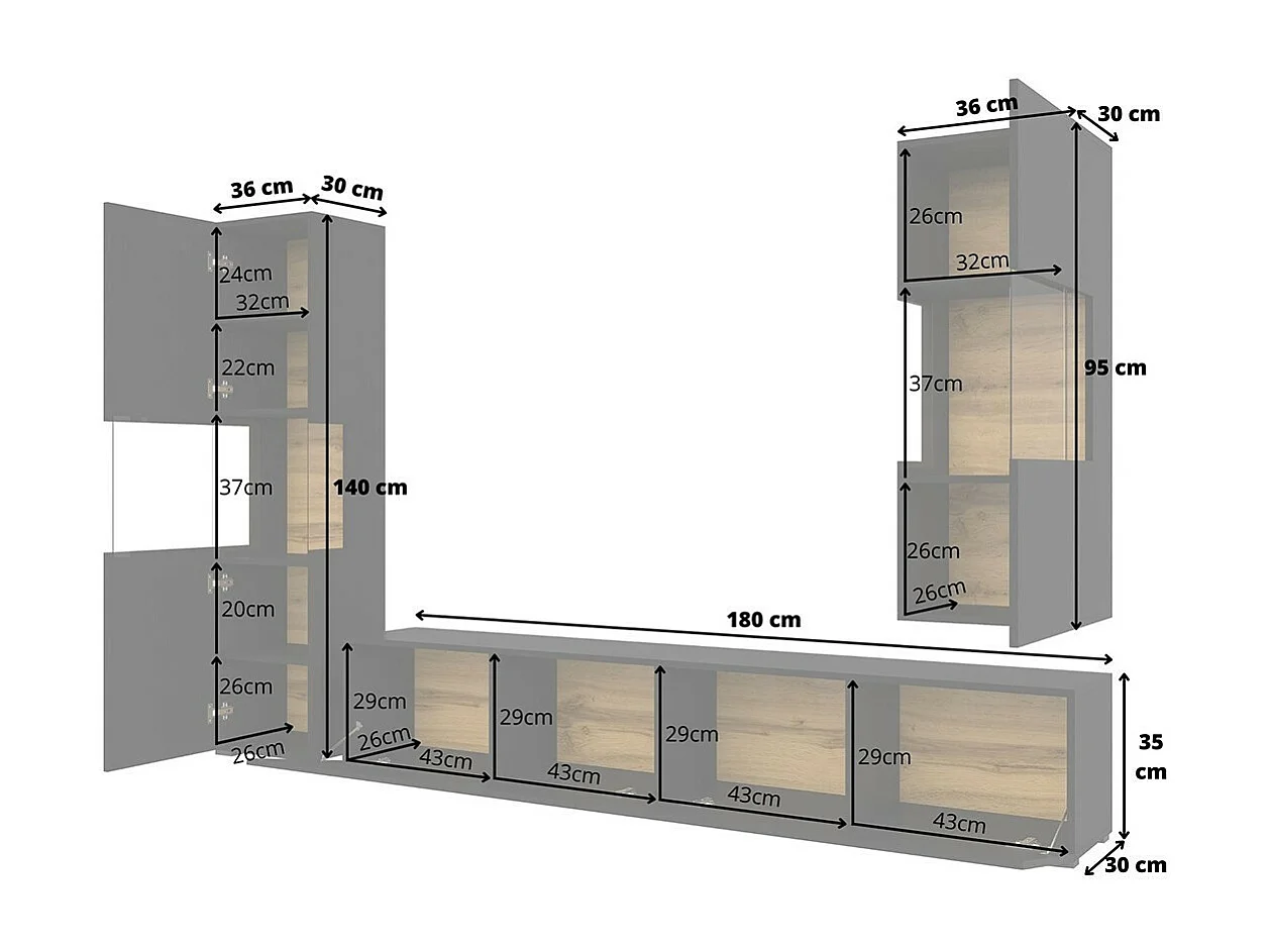 Ensemble de 3 meubles de salon collection EVA. Couleur noir et chêne.