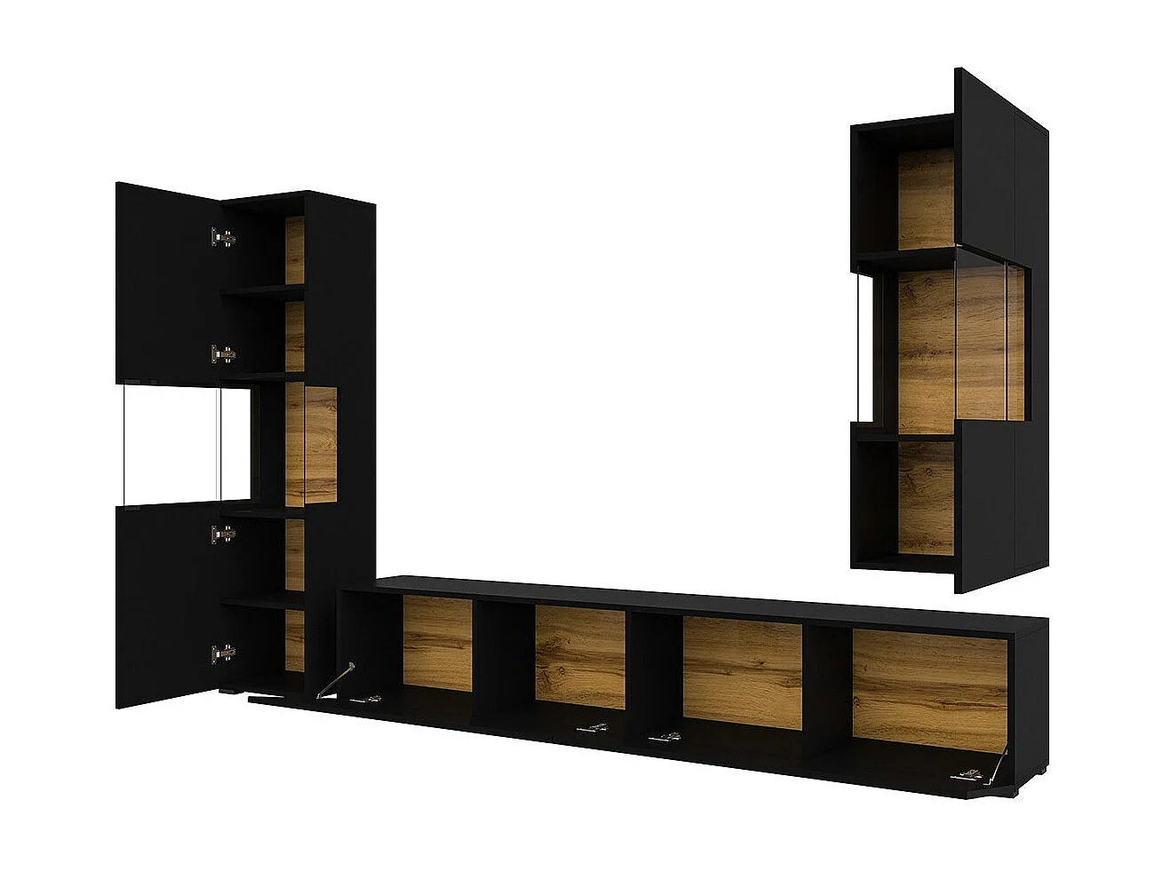 Ensemble de 3 meubles de salon collection EVA. Couleur noir et chêne.