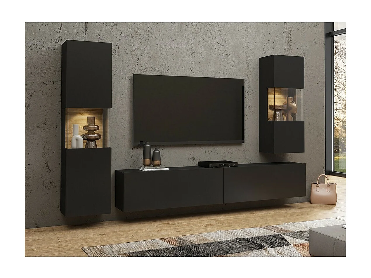 Ensemble de 3 meubles de salon collection EVA. Couleur noir et chêne.