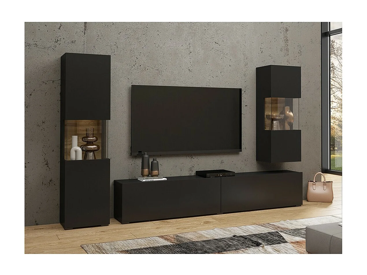 Ensemble de 3 meubles de salon collection EVA. Couleur noir et chêne.