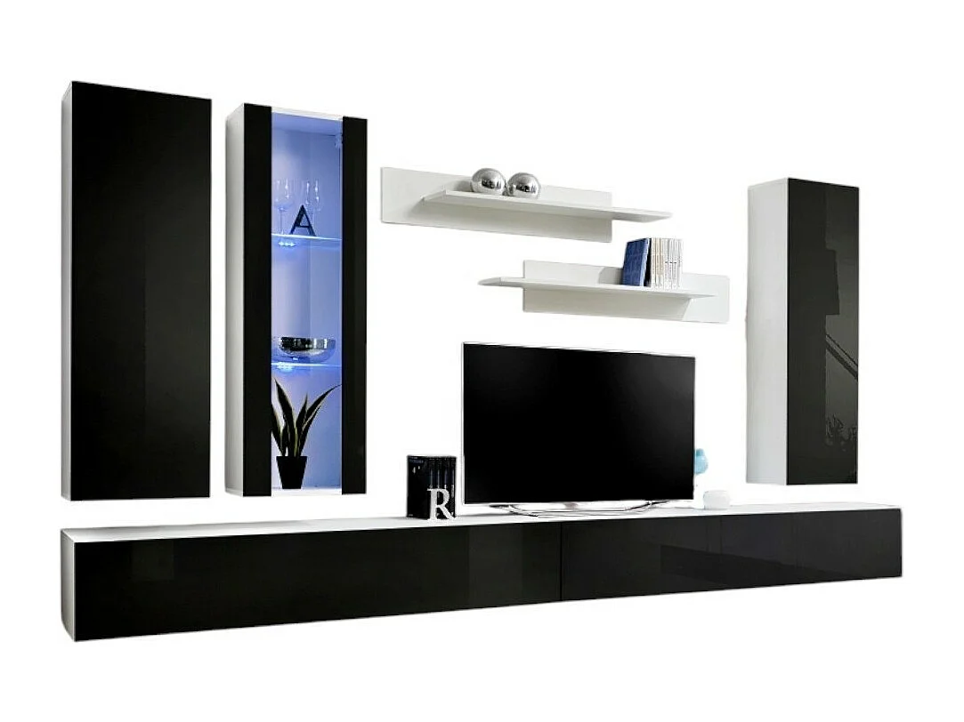 TV-Möbel FLY E4 Design, in glänzendem Weiß und Schwarz. Modernes und modisches Hängemöbel für Ihr Wohnzimmer.