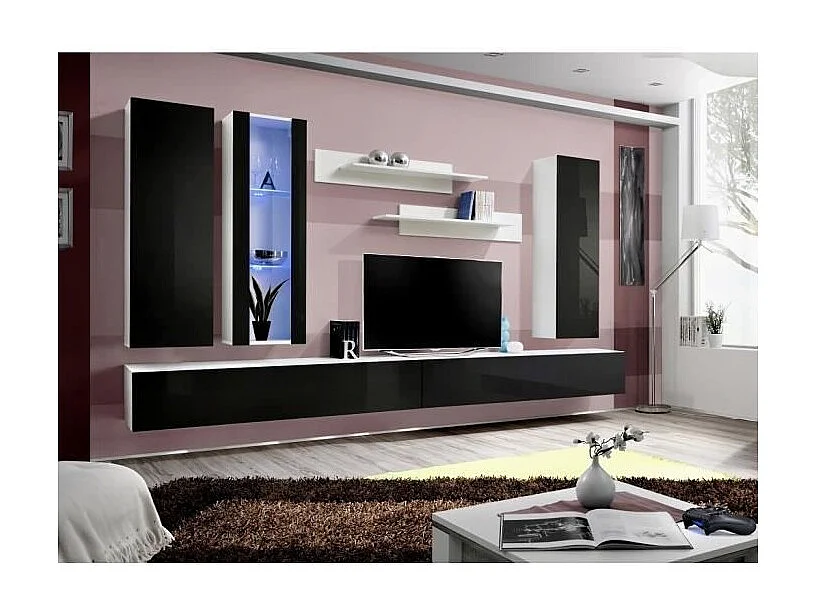 TV-Möbel FLY E4 Design, in glänzendem Weiß und Schwarz. Modernes und modisches Hängemöbel für Ihr Wohnzimmer.