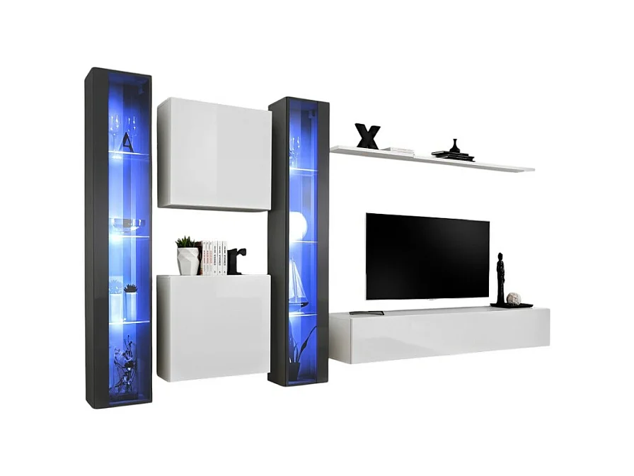 Ensemble meuble salon mural SWITCH XVI design, coloris blanc et gris brillant.