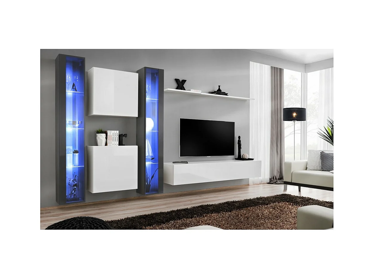 Conjunto de móveis de parede para sala de estar SWITCH XVI design, nas cores branco e cinza brilhante.