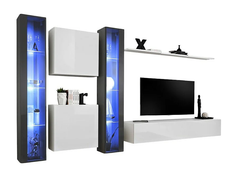 Wandmeubelset voor de woonkamer SWITCH XVI design, in glanzend wit en grijs.