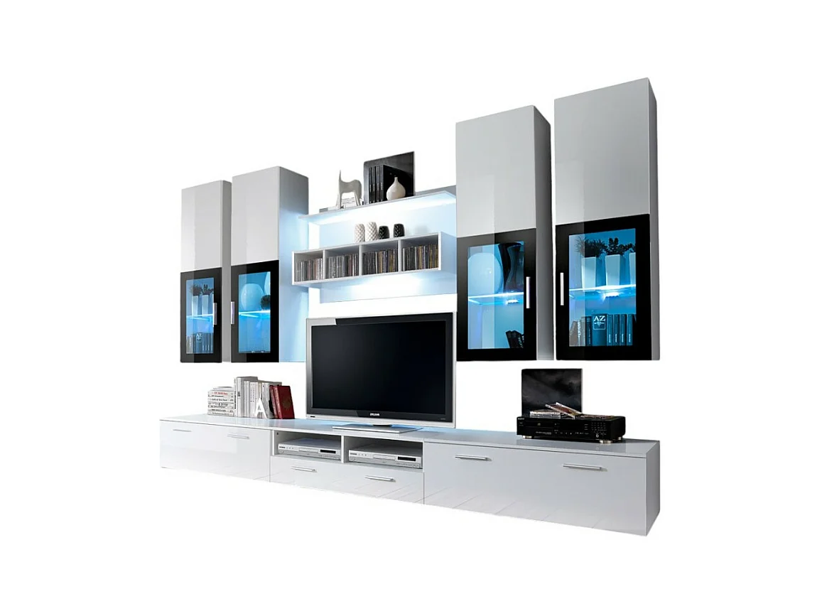 Composição de móveis para TV design coleção LORA. Cores em branco fosco e branco brilhante.