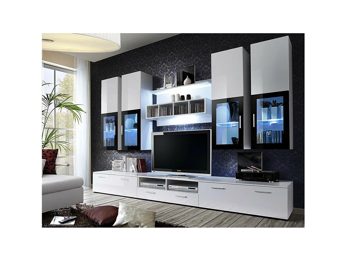 Composição de móveis para TV design coleção LORA. Cores em branco fosco e branco brilhante.