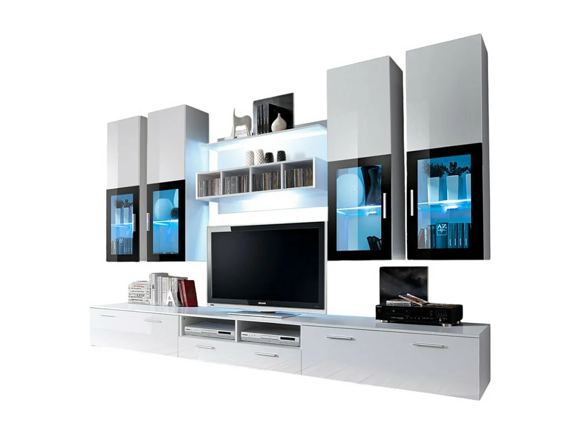 Composition de meubles TV  design collection LORA. Coloris blanc mat et blanc brillant.